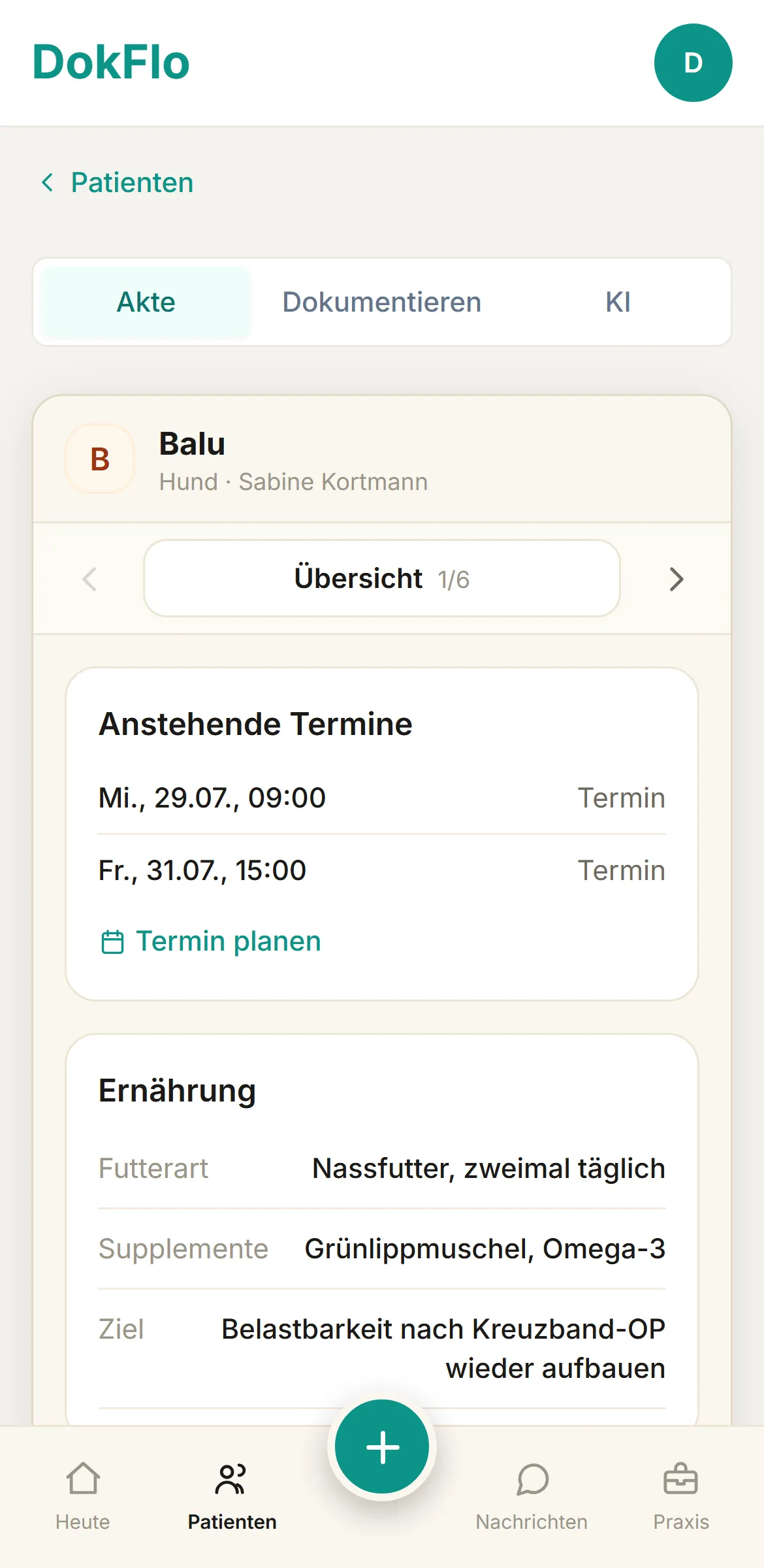 Die Tierakte am Handy: Balu mit anstehenden Terminen und den Angaben zur Fütterung, Bereiche zum Durchblättern.