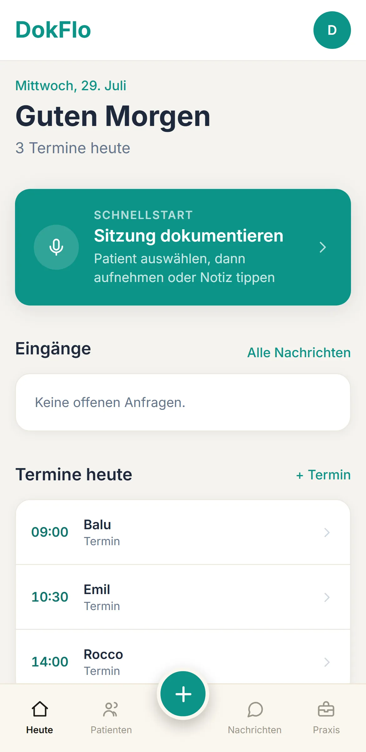 DokFlo am Handy: Tagesüberblick mit Schnellstart, Eingängen und den Terminen des Tages.