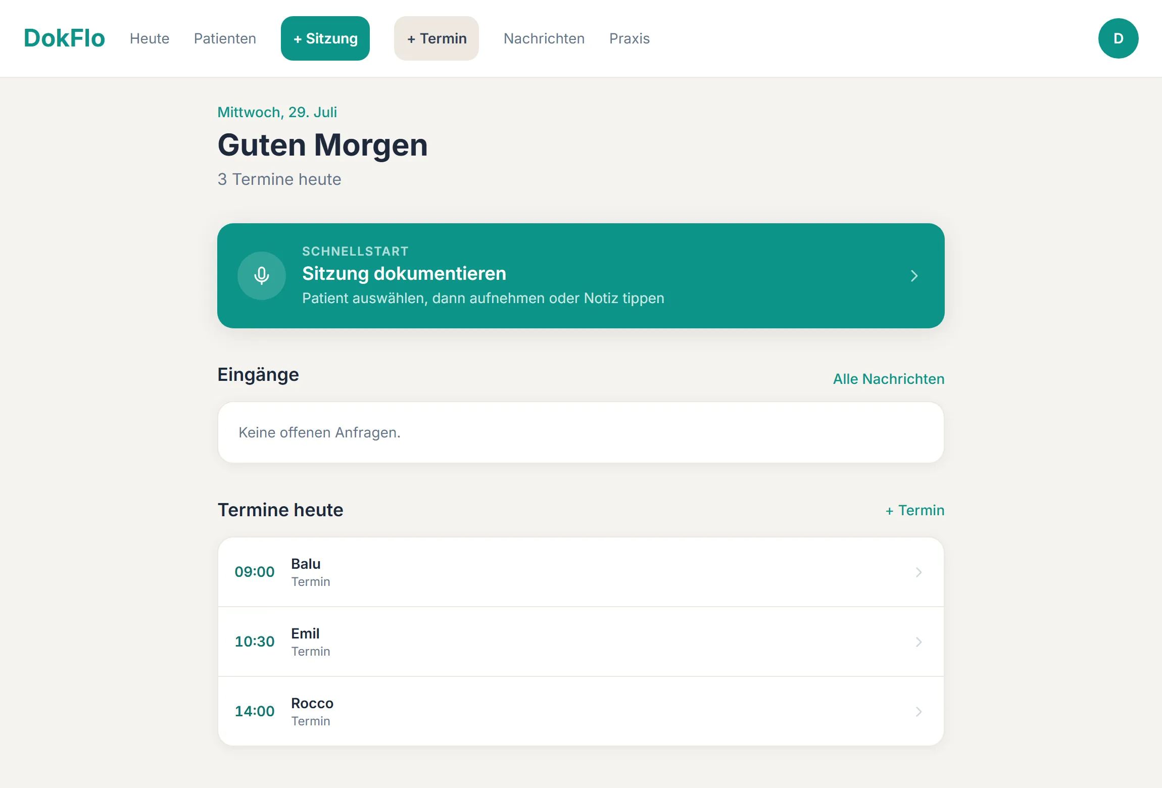 Der Tagesüberblick in DokFlo: Schnellstart zum Dokumentieren, offene Anfragen und die Termine des Tages.
